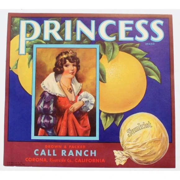 Vintage Princess Call Ranch Grown & Packed SUNKIST Fruit CRATE LABEL - Picture 1 of 2